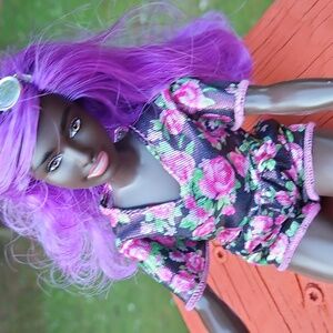 Vintage African American Plus Size Barbie Mattel Doll  Purple Hair Floral Outfit